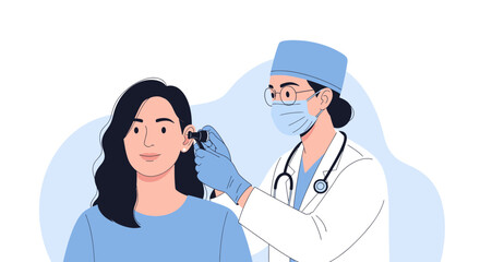 Fototapeta premium Doctor examining patient's ear with otoscope, healthcare illustration