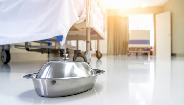 New stainless steel bedpan placed near a hospital bed for patient care and hygiene in a bright, sunlit room
