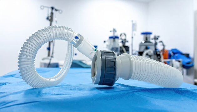 New sterile tracheostomy tube system with connecting adapters, laid out on a blue medical cloth with hospital equipment in the background.