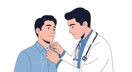 Fototapeta premium Doctor attaches cardiac monitor to patient's chest representing medical checkup