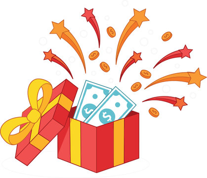 Open Gift Box with Flying Money, Coins, and Stars for Lottery Wins, Cash Prizes, Financial Rewards, Bonuses, and Festive Promotional Graphic DesignsOpen Gift Box with Flying Money, Coins, and Stars fo