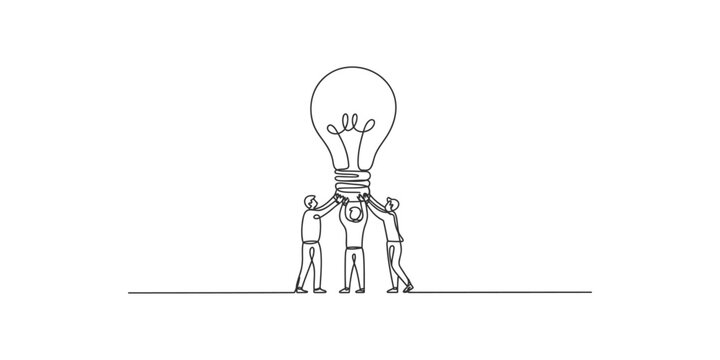 Three people holding up a large light bulb together in teamwork