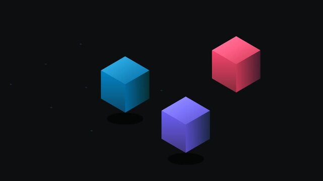 Three colorful 3d cubes floating in dark space with modern isometric style and vibrant neon glow effect for digital background
