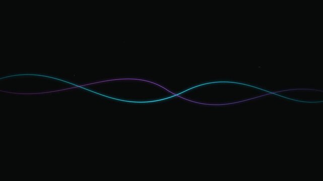 Abstract glowing neon blue and purple sine waves crossing each other on a dark black background for digital technology design