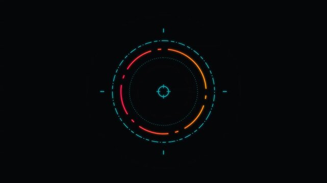 Futuristic digital hud circle target interface with glowing neon red and blue lines on a dark black background
