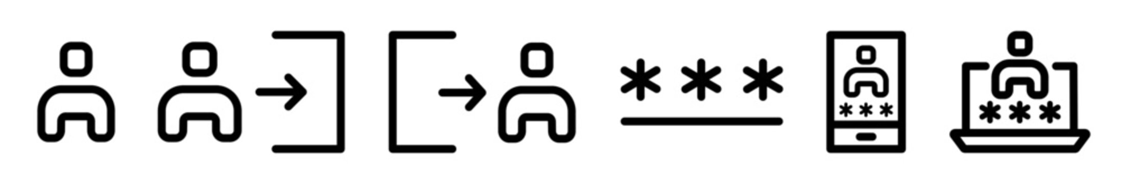 Minimal login and logout line icons collection with user authentication, password and device verification symbols for modern interface and app design.