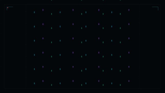 Abstract digital pattern with glowing green and blue dots on a dark black background
