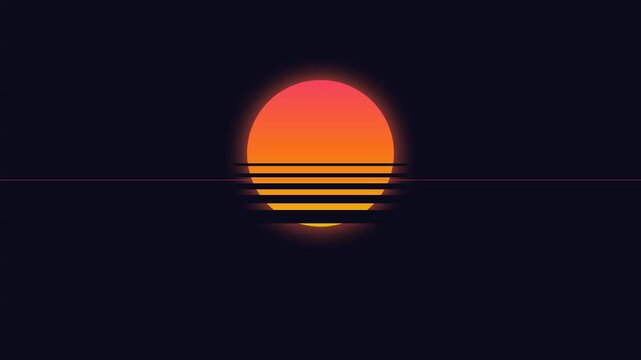 Retro synthwave sun graphic with horizontal stripes in an orange and red gradient style on a dark purple background