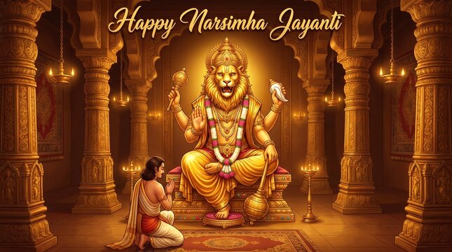 Divine seated bishnu avatar surrounded by glowing smoke and burning oil lamps being worshipped by loyal devotee honoring happy narsimha jayanti hindu festival puja celebration