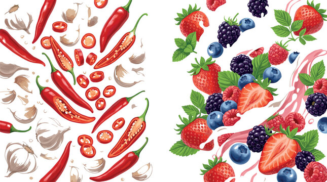 Two Vertical Seamless Background Patterns with Hot Red Chili Peppers and Fresh Flying Mixed Berries for Textile, Wrapping Paper, and Food Packaging DesignsTwo Vertical Seamless Background Patterns wit