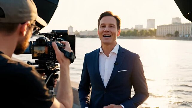 Professional Man Being Filmed Outdoors by a River.