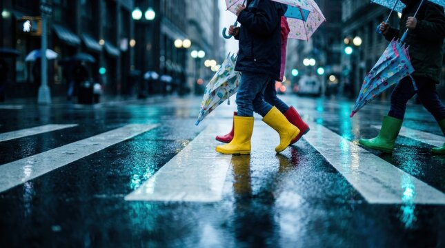 Children in colorful boots and umbrellas cross a wet city street on a rainy day