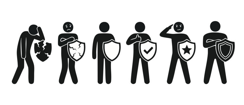 Cyber security shield evolution stick figure icons showing different levels of personal protection data safety and business defense from weak cracked guard to strong premium secure armor concept.