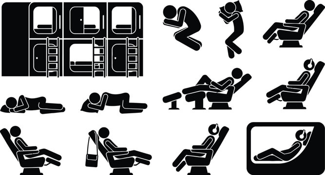 Aircraft seating and sleeping positions vector icons