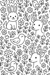 Fototapeta premium Woodland Animals Black and White Drawing Pattern