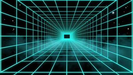 Fototapeta premium Futuristic neon wireframe tunnel with glowing grid lines and digital perspective, 3D abstract technology background, dark cyber aesthetic, high tec, premium commercial stock image featuring mode siyam