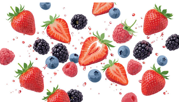 Fresh Berry Mixture Pattern Vector Illustration with Flying Strawberries, Blueberries, Blackberries, and Raspberries for Healthy Food, Beverage, and Smoothie Graphic DesignsFresh Berry Mixture Pattern
