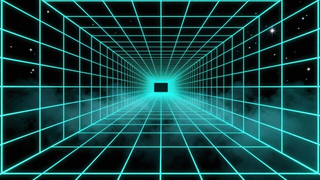 Futuristic neon wireframe tunnel with glowing grid lines and digital perspective, 3D abstract technology background, dark cyber aesthetic, high tec, premium commercial stock image featuring mode siyam