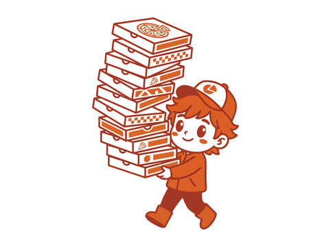 Cartoon kid carrying stack of pizza boxes