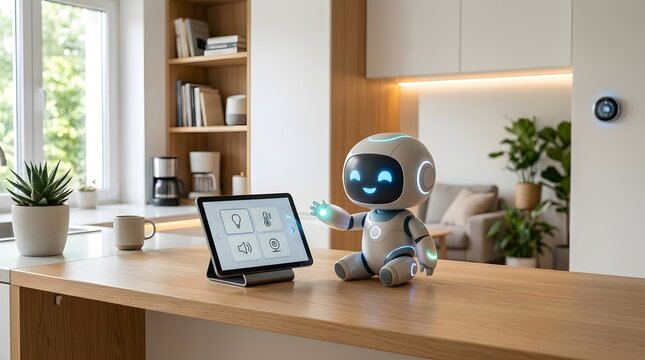 small humanoid robot interacting with a digital tablet in a modern kitchen