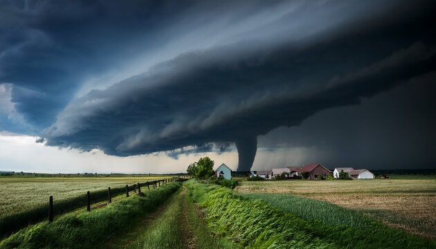 twister ripping through rural landscape dark storm clouds high winds