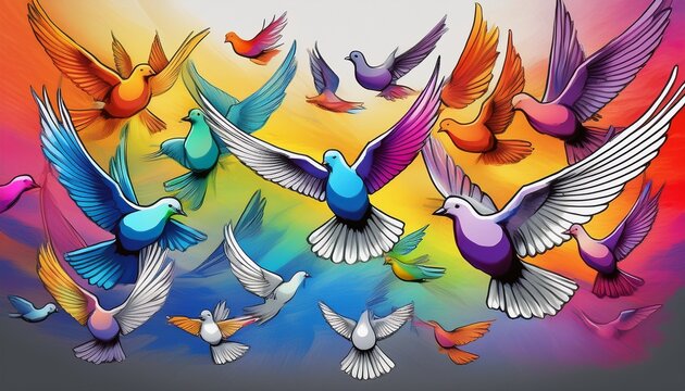 flock of colorful rainbow gradient doves flying with a grayscale outline version