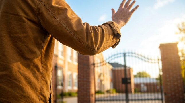 Man waving hand with arm raised in front of a building and decorative metal gate