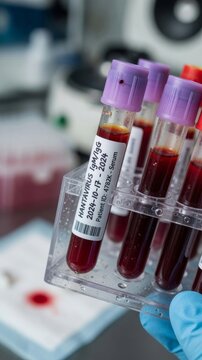 Hand in blue glove holding blood test tubes for hantavirus igmigg screening in a medical laboratory