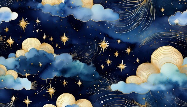 seamless night sky pattern with gold foil constellations and stars soft watercolor clouds in rich midnight hues creating a dreamy celestial look