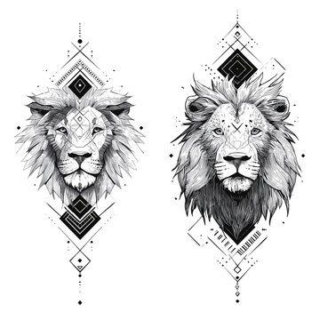 Two detailed artistic lion head illustrations with geometric patterns isolated on transparent background