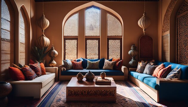 beautiful moroccan living room with intricate decor and cozy pillows