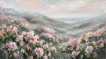 Fototapeta premium Impressionist Oil Painting of Misty Appalachian Mountain Laurel Wildflower Fields