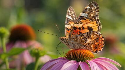 Naklejka premium Painted Lady Butterfly on Purple Coneflower in Golden Macro Photography