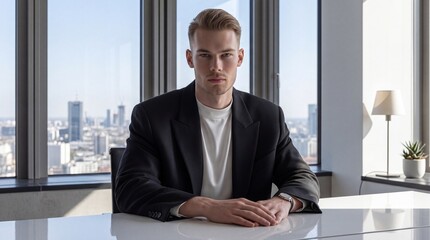 Fototapeta premium Confident young businessman in black suit sitting at desk in modern bright office with city view, generative AI.