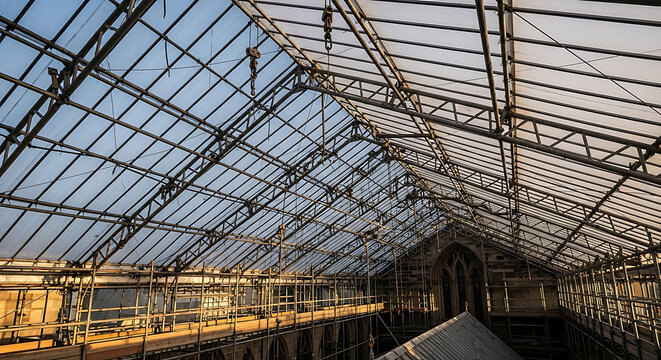 Industrial temporary scaffolding roof system protecting a historic stone building during architectural restoration showcasing complex steel frame structure and safety