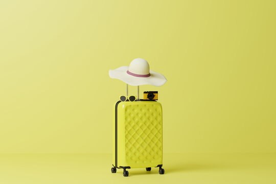 Yellow travel suitcase with summer hat and camera render