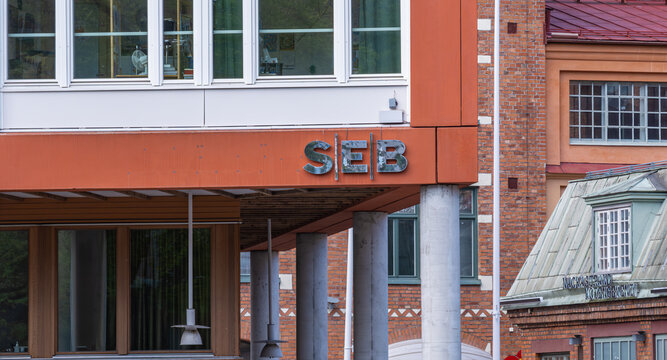 Seb bank sign on modern city building facade
