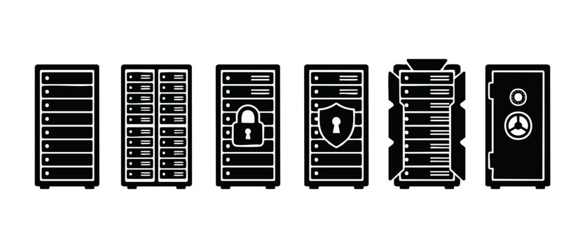 Server icon set data security database storage hosting vector illustration pack representing cloud computing information safety secure files backup internet hardware server cabinets combination vaults