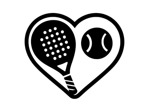 Paddle club icon logotype vector black and white flat simple. Paddle racket and ball with heart frame