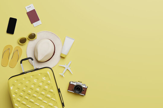 Summer travel accessories flat lay on yellow background