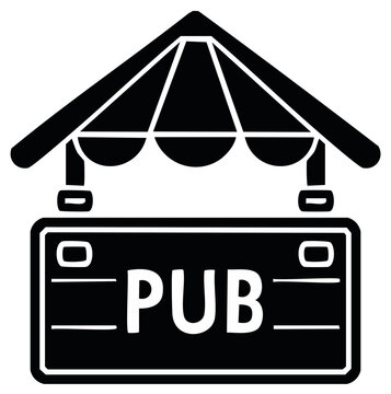 Black and white sign for a pub with an awning and hanging brackets