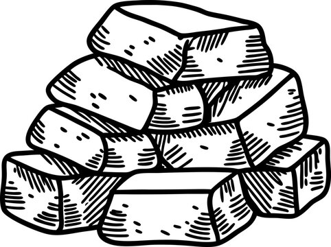 Stack of rough stone bricks pile construction materials hand drawn vintage illustration