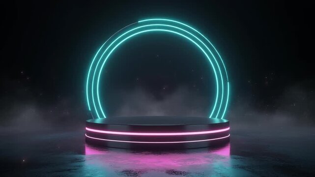 Futuristic neon-lit circular platform with glowing rings in a dark space