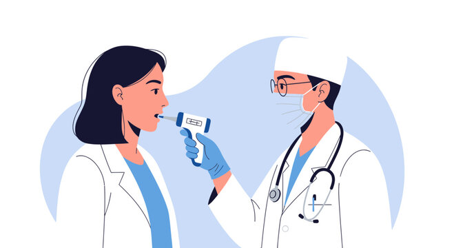 Doctor checks patient's temperature with infrared thermometer. Medical consultation.