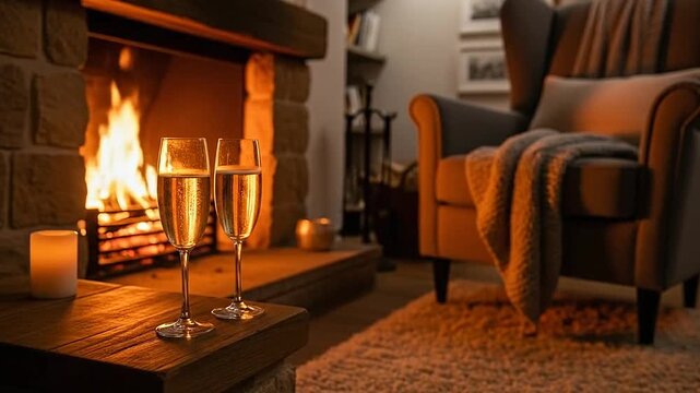 Two glasses of sparkling wine sit on a table by a warm glowing fireplace