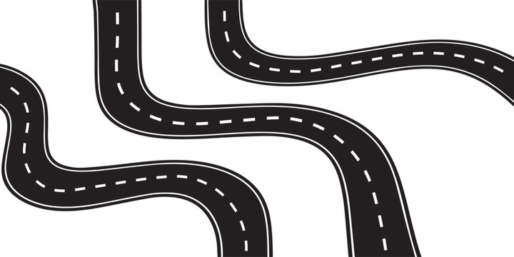 Winding asphalt roads with white dashed lane markings vector set