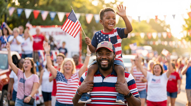Juneteenth African American father son parade boy on shoulders waving flag celebrating freedom day for holiday festival family event design