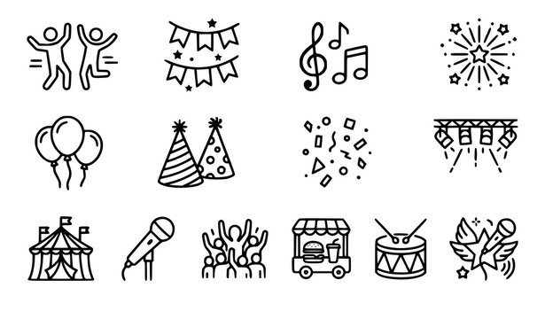 Festival line icon set with celebration dancing and entertainment symbols editable vector transparent background