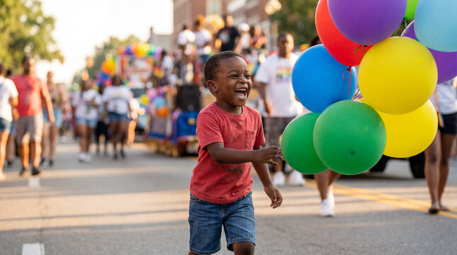 Juneteenth toddler boy playing balloons laughing at parade celebrating freedom day for holiday festival children family event design