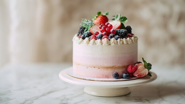 A beautifully decorated layered cake with smooth pastel frosting and fresh berries on top, placed on a white marble table with soft natural light